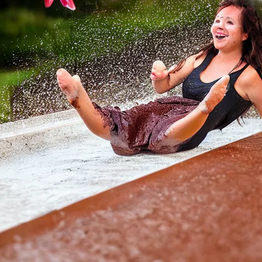 Image similar to adult sliding down chocolate pudding slip n slide legs first, professional photo taken at the park