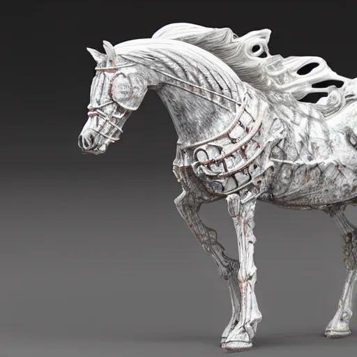 Image similar to biomechanical horse made of marble and crystal, fractal 3 d structure, intricate details, octane render, soft lighting