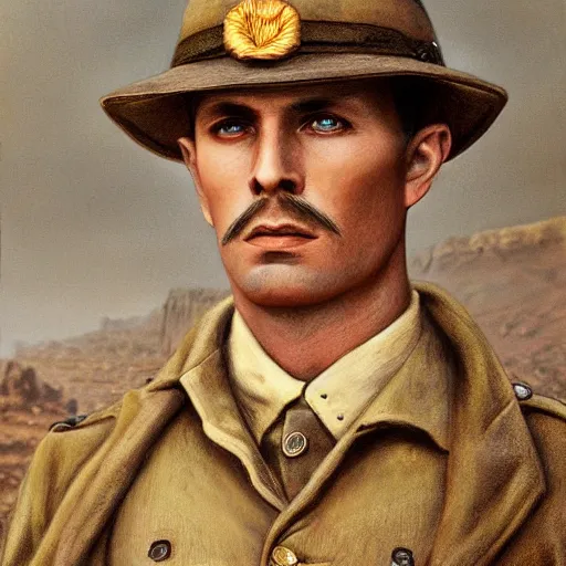 Image similar to a detailed photorealistic sepia - toned color portrait painting of a 1 9 1 7 worried clean - shaven british lieutenant in detailed field gear not wearing a hat in wadi rum, ultra realistic, intricate details, lovecraft, atmospheric, dark, horror, brooding, highly detailed, by clyde caldwell