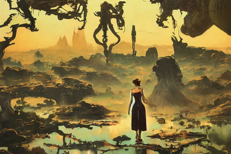 Image similar to 5 0 s pulp scifi illustration, space woman meets big science fiction alien martian in beautiful landscape, pond, baobab trees, distant mountains, painted by norman rockwell, jack kirby, john berkey, bergey, craig mullins, ruan jia, raymond swanland, jeremy mann, beksinski, tom lovell, alex malveda, schomburg