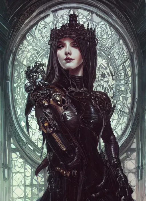 Image similar to portrait of beautiful pale gothic maiden, warhammer 40000, cyberpunk, intricate, elegant, highly detailed, digital painting, artstation, concept art, smooth, sharp focus, illustration, art by artgerm and greg rutkowski and alphonse mucha and Gustav Klimt and Ilya Kuvshinov