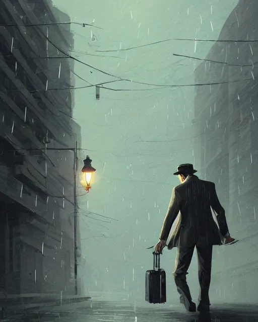 Image similar to a mysterious rugged man in a pinstripe suit holding a pistol in one hand and a briefcase in the other. Raining, street lamps, stormy, atmospheric lighting, mysterious, gloomy. By Makoto Shinkai, Stanley Artgerm Lau, WLOP, Rossdraws, James Jean, Andrei Riabovitchev, Marc Simonetti, krenz cushart, Sakimichan, D&D trending on ArtStation, digital art.