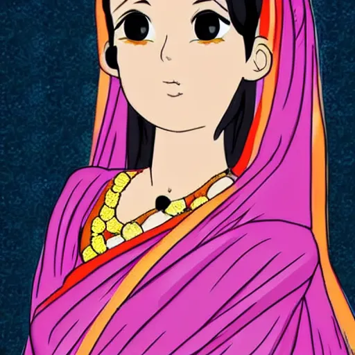 Image similar to a nepali woman wearing sari, anime style