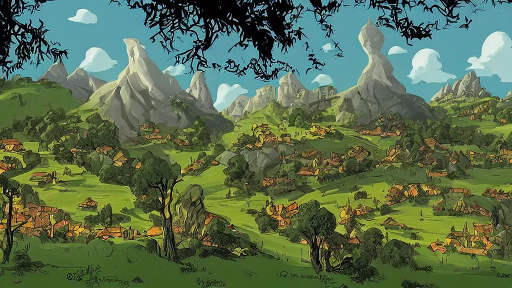 Prompt: a genndy tartakovsky illustration of the shire from lord of the rings