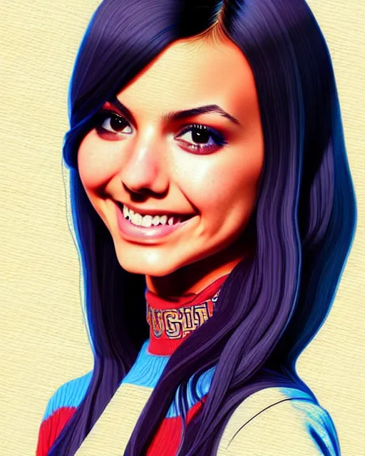 Image similar to richly detailed color  illustration of Victoria Justice as a prep highschool student surrounded by beautiful cursive writing, large format image. illustrated by Artgerm and Mina Petrovic and Timothy Kong and Marina Federovna. 3D shadowing.