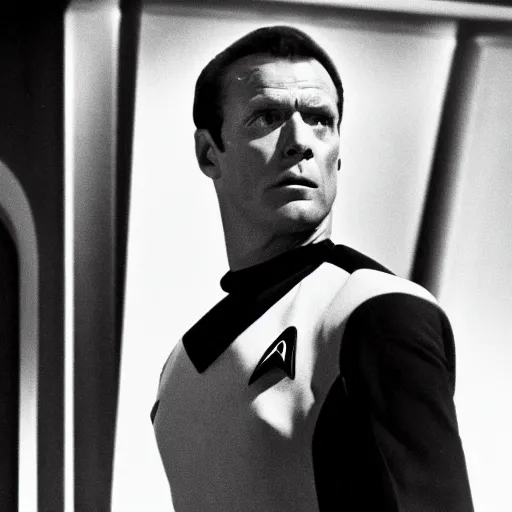 Prompt: black and white photo ofEddie Murphy in Star Trek 1966.