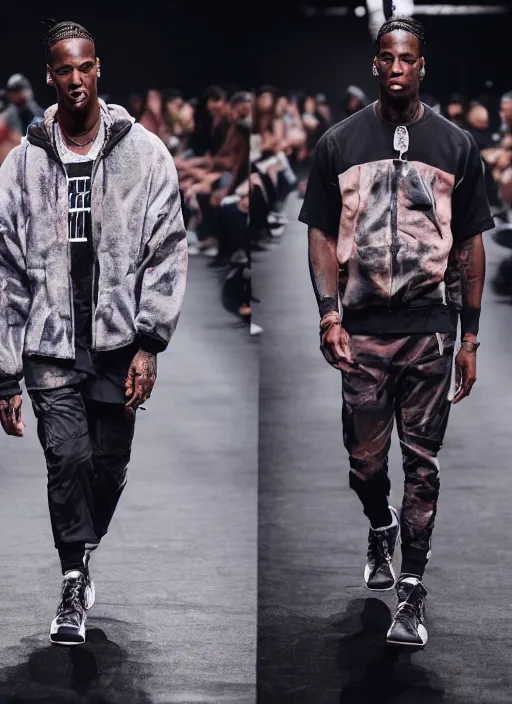 Image similar to hyperrealistic and heavy detailed nike runway show of travis scott, leica sl 2 5 0 mm, vivid color, high quality, high textured, real life