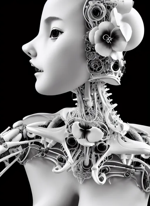 Image similar to black and white dreamy profile face portrait, biomechanical beautiful angelic young female cyborg - robot - doll bust, body ribs meshes, volumetric light, hibiscus flowers, rim light, big gothic fashion pearl embroidered collar, 1 9 3 0, 8 k