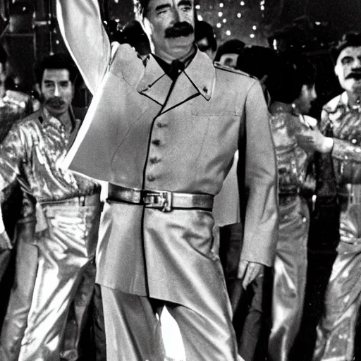 Prompt: A movie still of Stalin wearing a disco suit in Satuday Night Fever