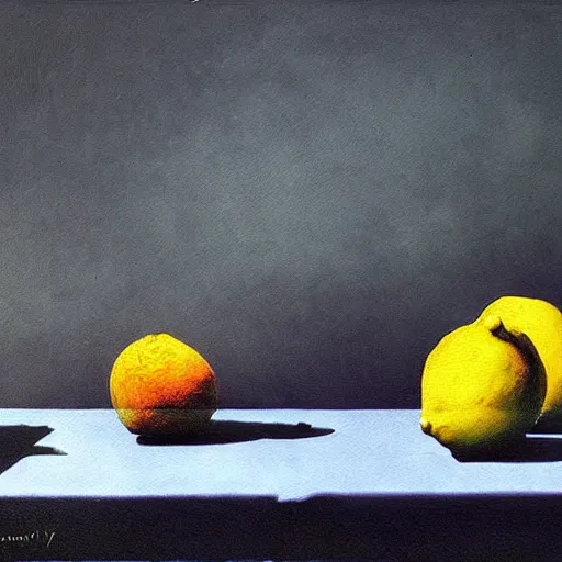 Image similar to a painting of a bunch of lemons on a table, a surrealist painting by zdzisław beksinski, trending on cgsociety, vanitas, cyanotype, apocalypse landscape, photo taken with provia