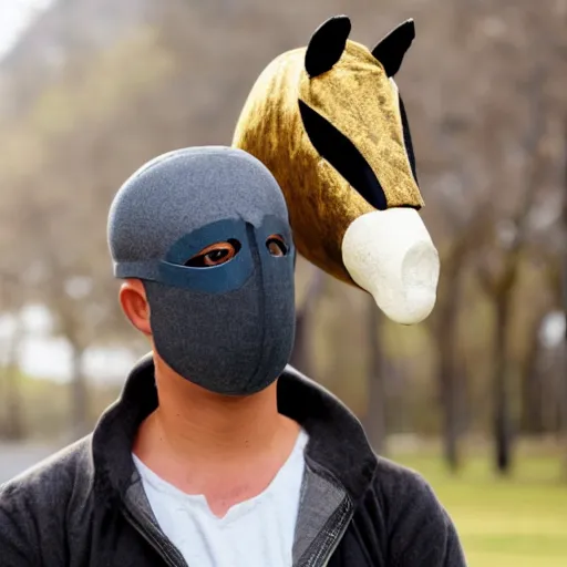 Image similar to man wearing horse head mask on shoulder of man