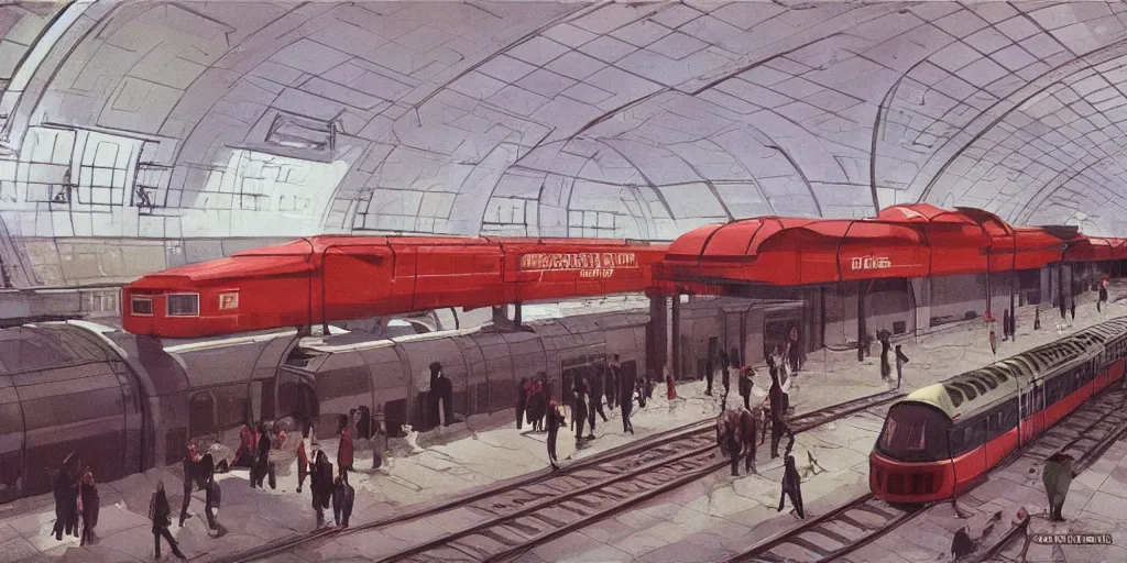 Image similar to soviet ussr retrofuturistic train station by syd mead, ralph mcquarrie, washed colours