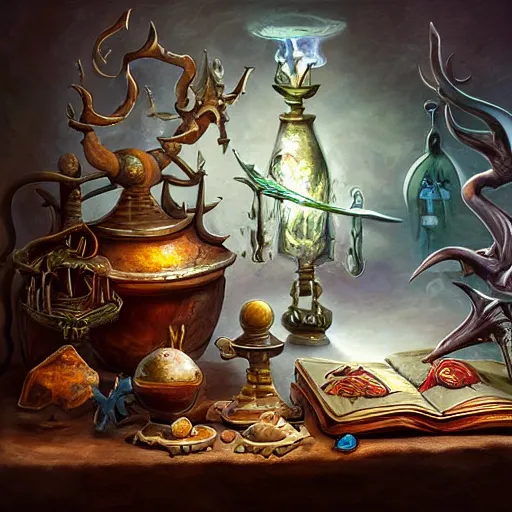 Prompt: photorealistic, tony sart, table, wizards laboratory, mortar, pestle, scales, magic book, beaker, energy