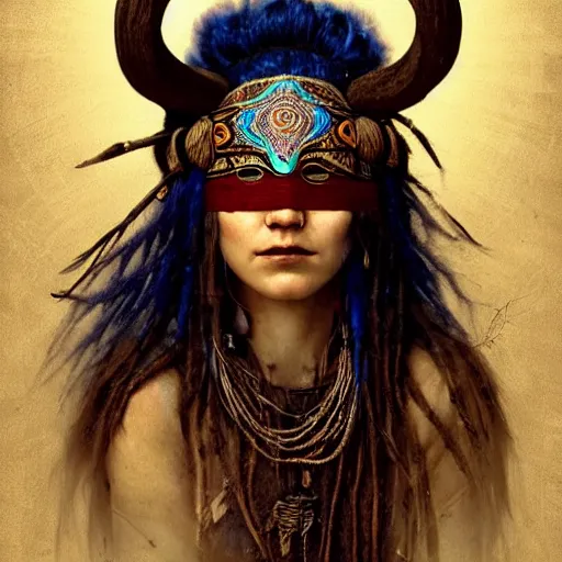 Image similar to A young blindfolded shaman woman with a decorated headband, in the style of heilung, blue hair dreadlocks and wood on her head, atmospheric lighting, intricate detail, cgsociety, ambient light, dynamic lighting, art by karol bak