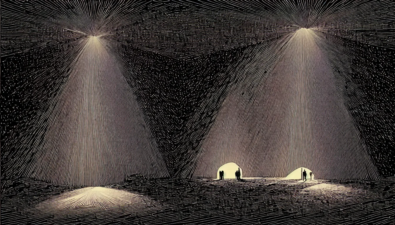 Prompt: cave with light rays by dan mumford and peter doig and edward hopper, symmetrical, minimal, black ink, thick lines highly detailed, muted colours 8 k