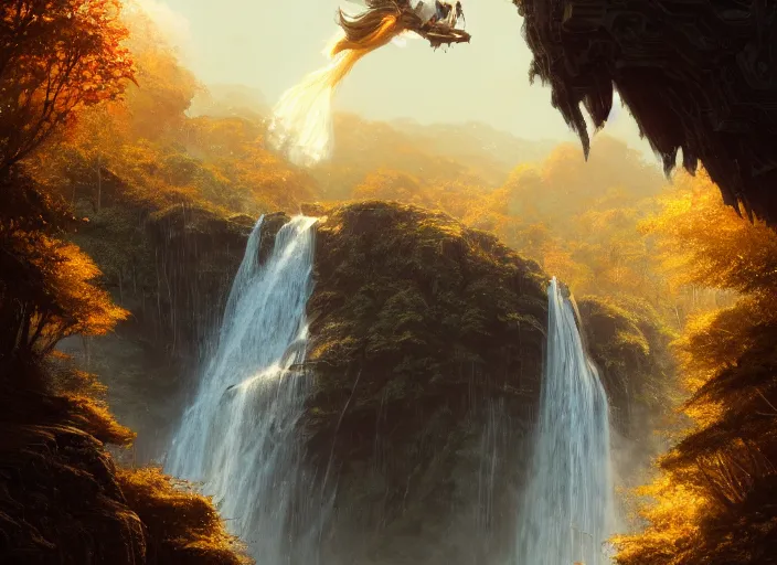 Prompt: detailed intricate digital illustration by greg rutkowski and artgerm and wlop and sanford robinson gifford ; 2 0 0 4 vehicle, shimmering waterfall in background ; 1 3 mm film, arri alfa anamorphic lens ; sharp focus, golden hour lighting, trending on artstation 4 k ; close view