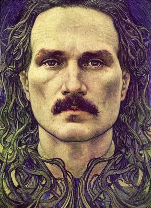 Image similar to detailed realistic beautiful young karl gustav jung face portrait by jean delville, alphonse mucha, vincent van gogh, and marco mazzoni, art nouveau, symbolist, visionary, gothic, pre - raphaelite