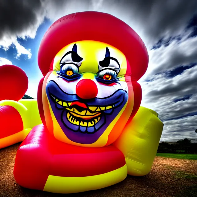 Image similar to scary clown made of bouncy castle, highly detailed, 8 k, hdr, smooth, sharp focus, high resolution, award - winning photo