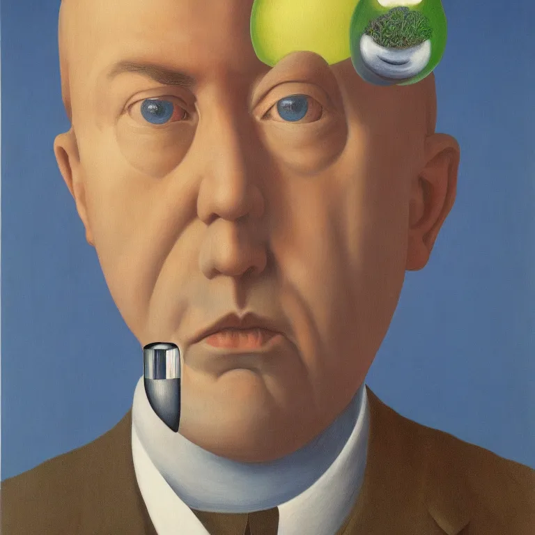 Image similar to portrait of a man, his head is a lightbulb, by rene magritte, detailed painting, hd, hq, high resolution, high detail, 4 k, 8 k