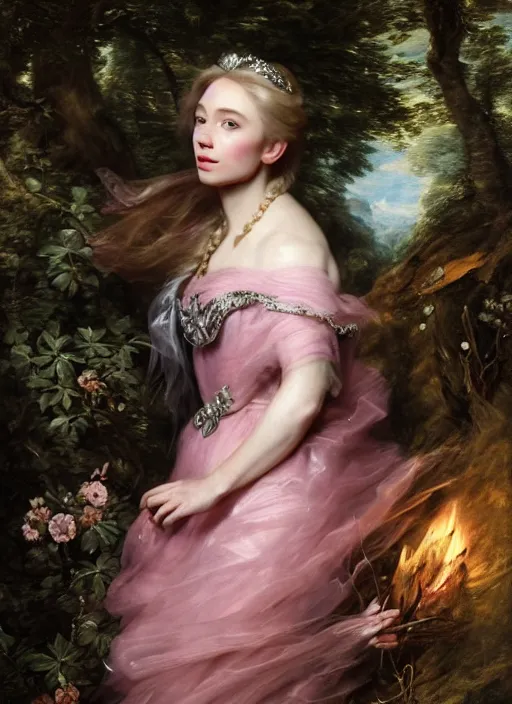 Image similar to Beautiful elsa, Looks like pink ranger, In the woods, Dramatic, Edge, Good, Infused, Backlight, De-Noise, VFX, insanely detailed and intricate, hypermaximalist, elegant, ornate, hyper realistic, super detailed, by Anthony Van Dyck, by Ivan Shishkin, by John Constable