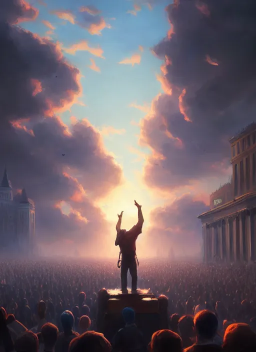 Image similar to painting of a crowd with raised arms pointing towardб demonstration, cinematic view, epic sky, detailed, concept art, low angle, high detail, warm lighting, volumetric, godrays, vivid, beautiful, trending on artstation, by jordan grimmer, huge scene, art greg rutkowski