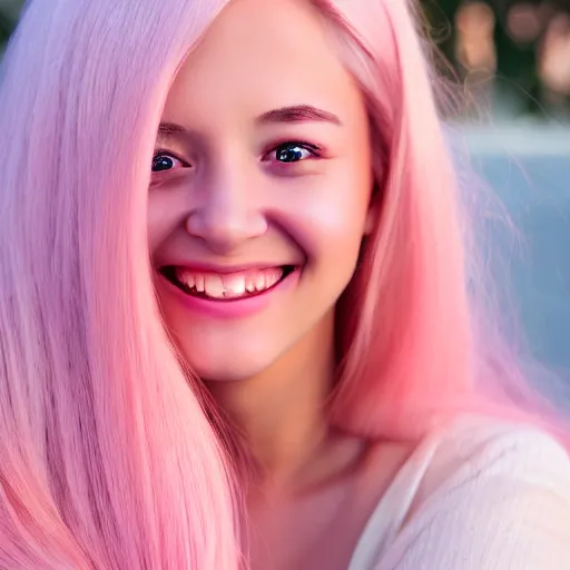 Image similar to beautiful hyperrealism selfie of a cute 3 d young woman smiling smugly, long light pink hair, flushed face, small heart - shaped face, amber eyes, golden hour, 8 k, instagram