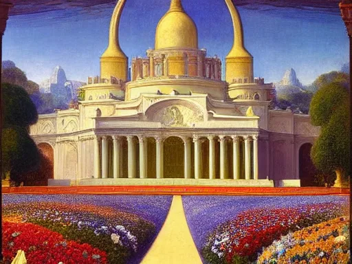 Prompt: A Beautiful View of the Grand Temple of Flowers, by Elihu Vedder and Arthur von Ferraris, cinematic
