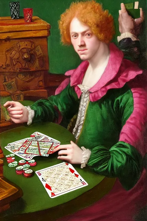 Prompt: intricate beautiful medium - shot, the card player man, blonde reddish hair, in green and pink clothes of 1 7 th century, holds playing cards, in card's player by sezanne, matte painting, renaissance painting, by paul sezanne by leyendecker, by artgerm, rutkowskyi