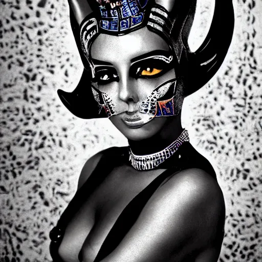 Prompt: Bastet, the cat-headed egyptian goddess, fetish, full makup, medium shot. In the style of Helmut newton, robert maplethorpe, Stefano Brunesci, Lachlan Bailey, Herb Ritts, Ellen Von Unwerth, Haris Nukem, Sardax, Annie Leibovitz. detailed photo, hd, 4k, trending on artstation, 35mm, f1.8
