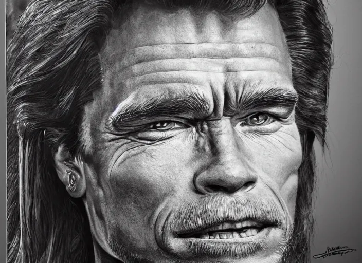 Image similar to a highly detailed arnorld schwarzenegger portrait, james gurney, james jean