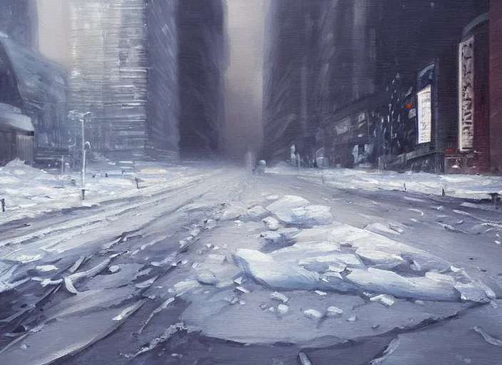 Prompt: an ice tsunami in new york city, oil painting, cold, snow landscape, sci-fi concept art, very detailed