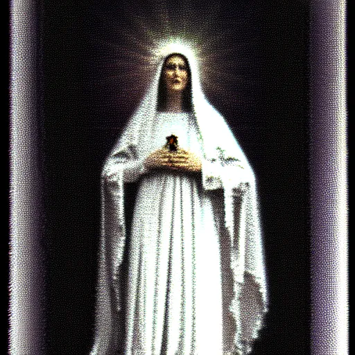 Image similar to vhs static overlay of marian apparition, vhs, 1 9 9 0, highly realistic, highly detailed, vhs noise static, black and white, vhs glitch