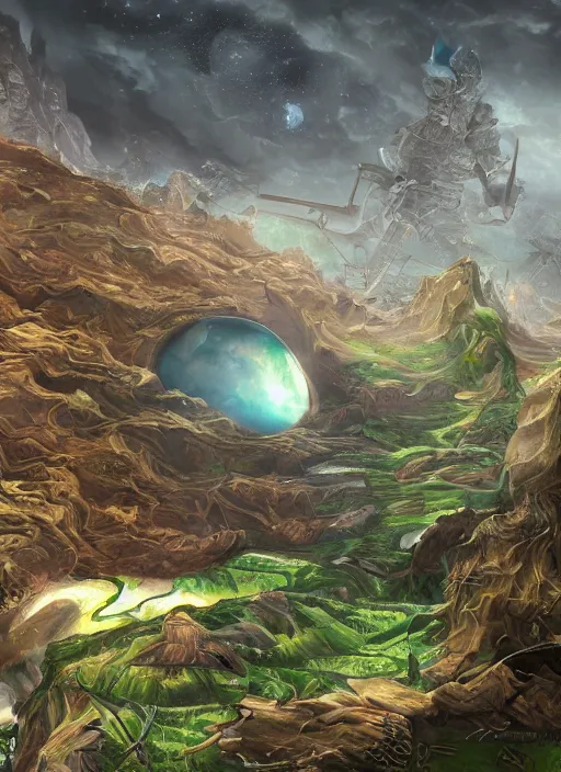 Image similar to destroyed earth held by two hands, digital art, trending on art station, very detailed, detailed background