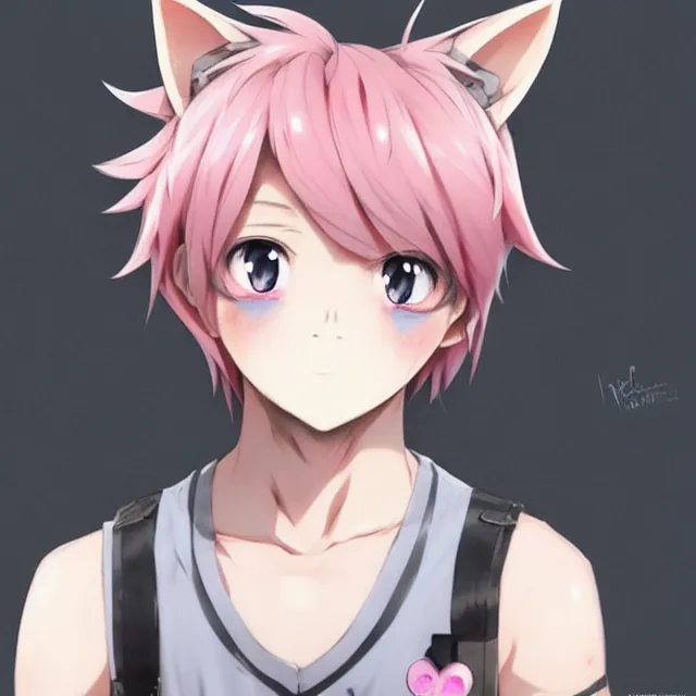 prompthunt character concept art of an cute anime boy with pink hair and  wolf ears   cute  fine  face pretty face key visual realistic shaded  perfect face fine details
