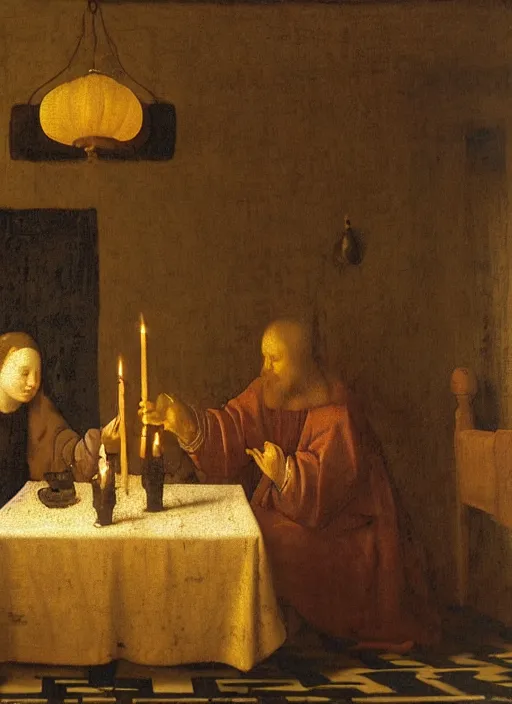 Image similar to a candlelit table at the inn, evening, dark room, two people sitting at the table, swirling smoke, dark smoke, realistic, in the style of leonardo da vinci, dutch golden age, amsterdam, medieval painting by jan van eyck, johannes vermeer, florence