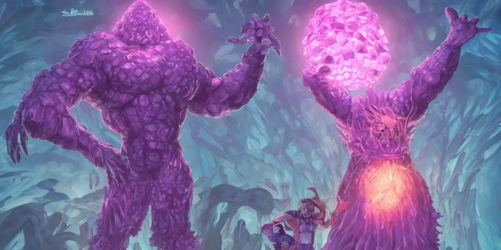 Image similar to giant crystal golem, d & d 5 e creature, bright pink purple lights, underwater, watery caverns, art by artgerm