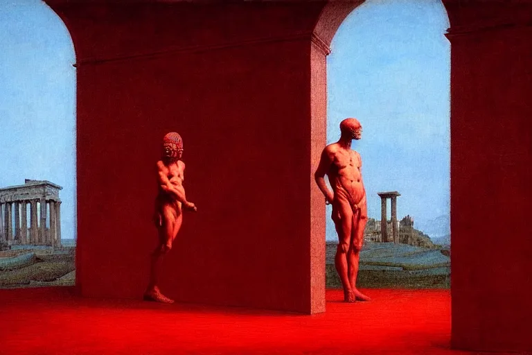 Image similar to only with red, caesar after war, the great deal, a red tiger, in hoc signo vinces, rome in background, an ancient path, in the style of beksinski, part by hopper, part by rodcenko, part by hofbauer, intricate composition, red by caravaggio, insanely quality, highly detailed, masterpiece, red light, artstation