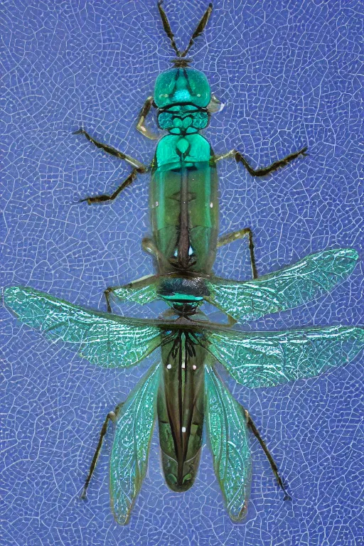 Image similar to transparent rare insect with reaction diffusion patterns. with wings, top down view. close up photo. high detail