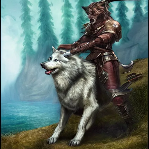 Prompt: wolf holding a sword in it's mouth, matte fantasy painting