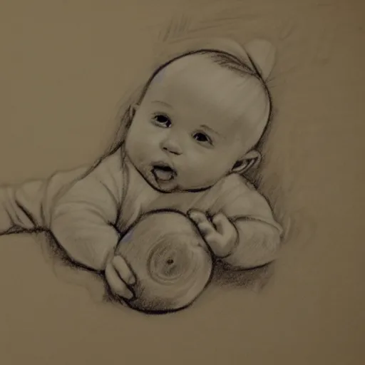 Prompt: pencil sketch, baby throwing a dummy