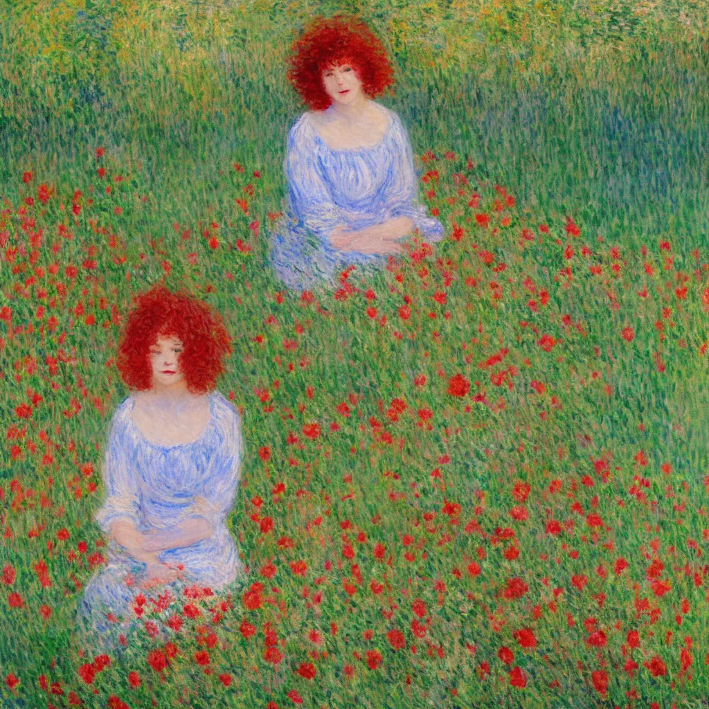 Prompt: a cute 20 year old girl with short curly red hair sitting in a field of flowers, god rays are passing through the trees in the background, Monet painting, low saturation