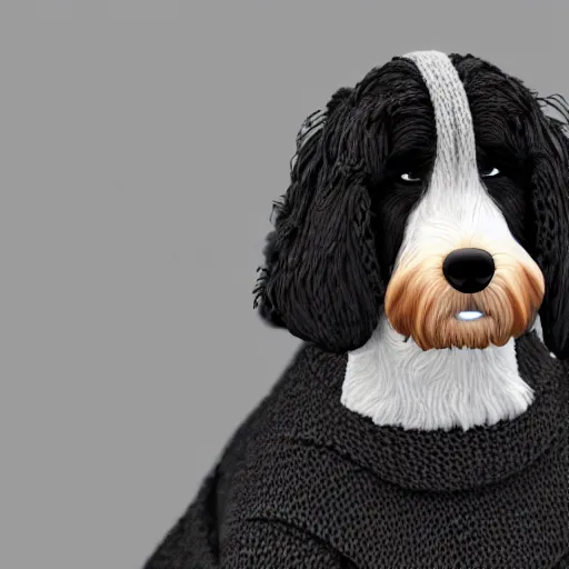 Image similar to a closeup photorealistic illustration of a smiling knitted bernedoodle judge dog dressed in a black gown, presiding over the courthouse. this 4 k hd image is trending on artstation, featured on behance, well - rendered, extra crisp, features intricate detail, epic composition and the style of unreal engine.