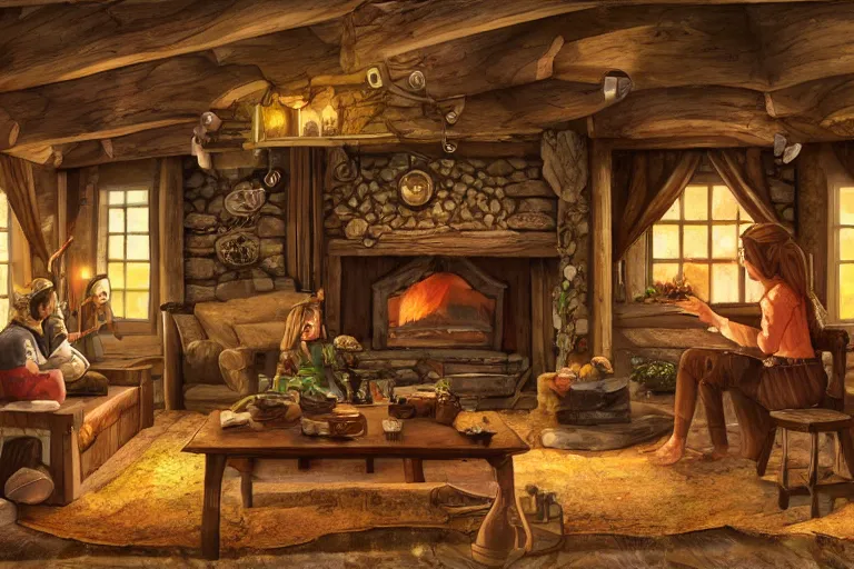 Prompt: wooden cottage, living room, elves sitting on the couch, high - tech devices, traditional fireplace, concept art