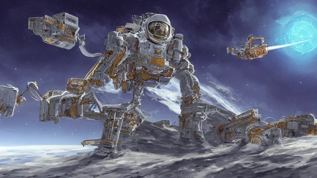 Prompt: fantasy illustration of giant machines in space