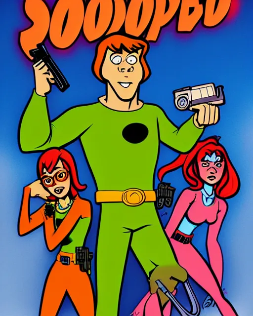Prompt: scooby doo holding a gun as comic cover art, full body scooby doo, symmetrical eyes, beautiful, rim lighting, vivid colors, no text