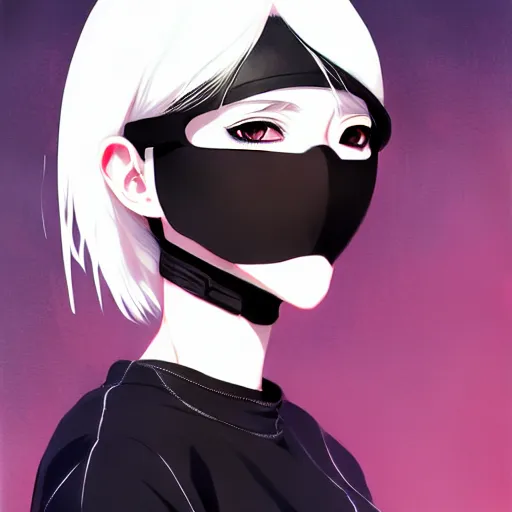 Image similar to White haired woman, with black facemask, techwear, matte print, digital art, cute smile, beautiful eyes, digital painting, fan art, pixiv, elegant, Ilya Kuvshinov style, Studio Ghibli