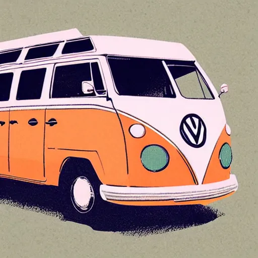 Image similar to illustration of an old van volkswagen, may 6 8, pastel colors, cool, hippie by victo ngai