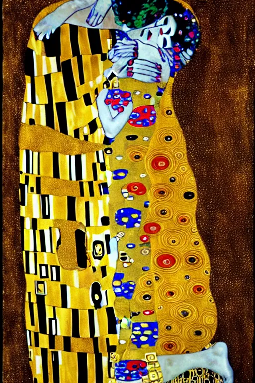 Image similar to gustav klimt the kiss with kissed Nicolas Cage face