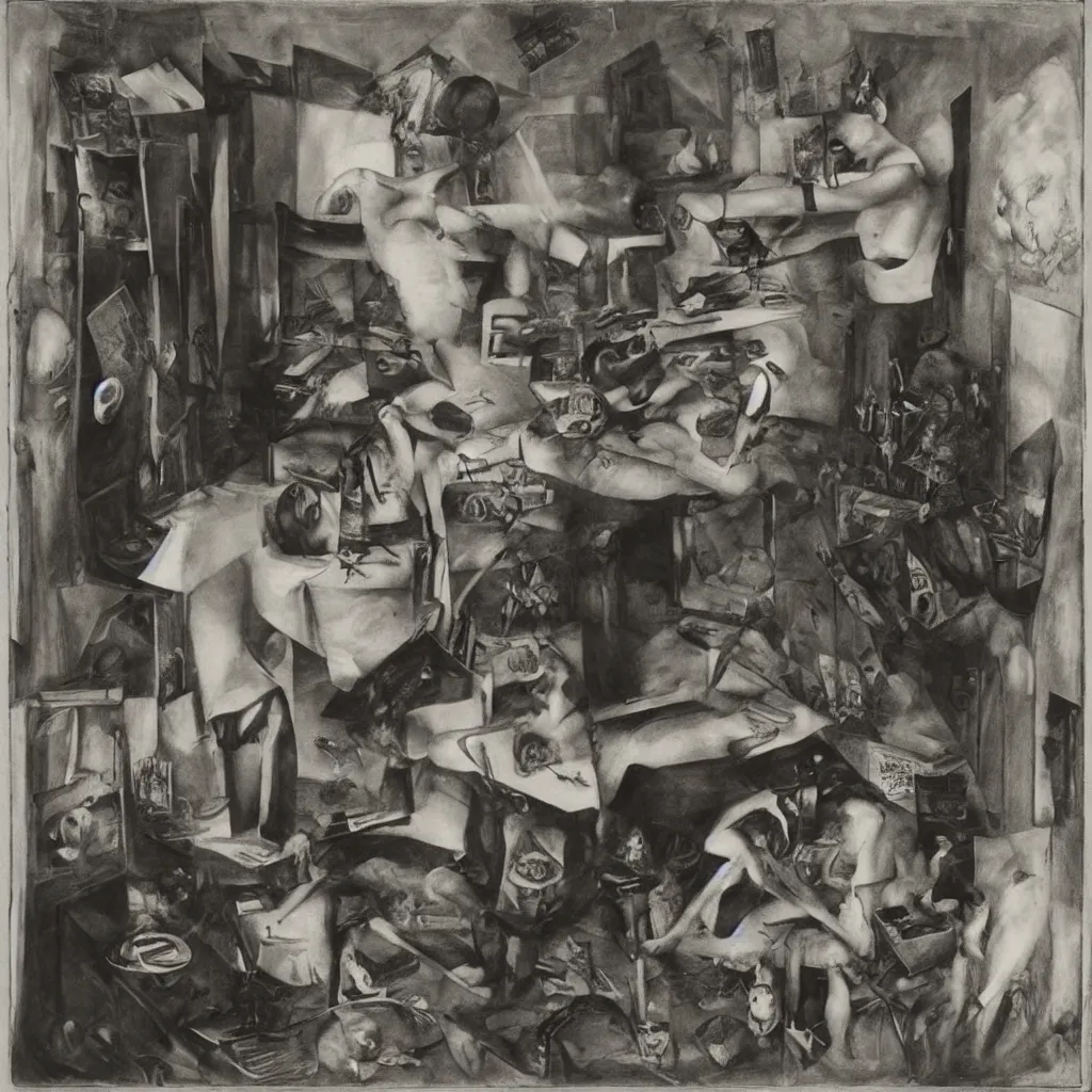 Prompt: a teenager drawing in his teen room, Joel-Peter Witkin