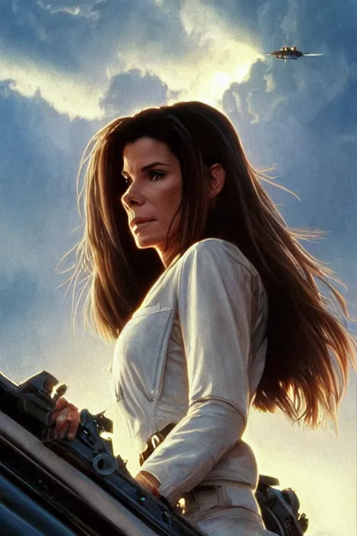 Image similar to sandra bullock in the movie independence day 1 9 9 6, realistic portrait, symmetrical, highly detailed, digital painting, artstation, concept art, smooth, sharp focus, illustration, cinematic lighting, art by artgerm and greg rutkowski and alphonse mucha